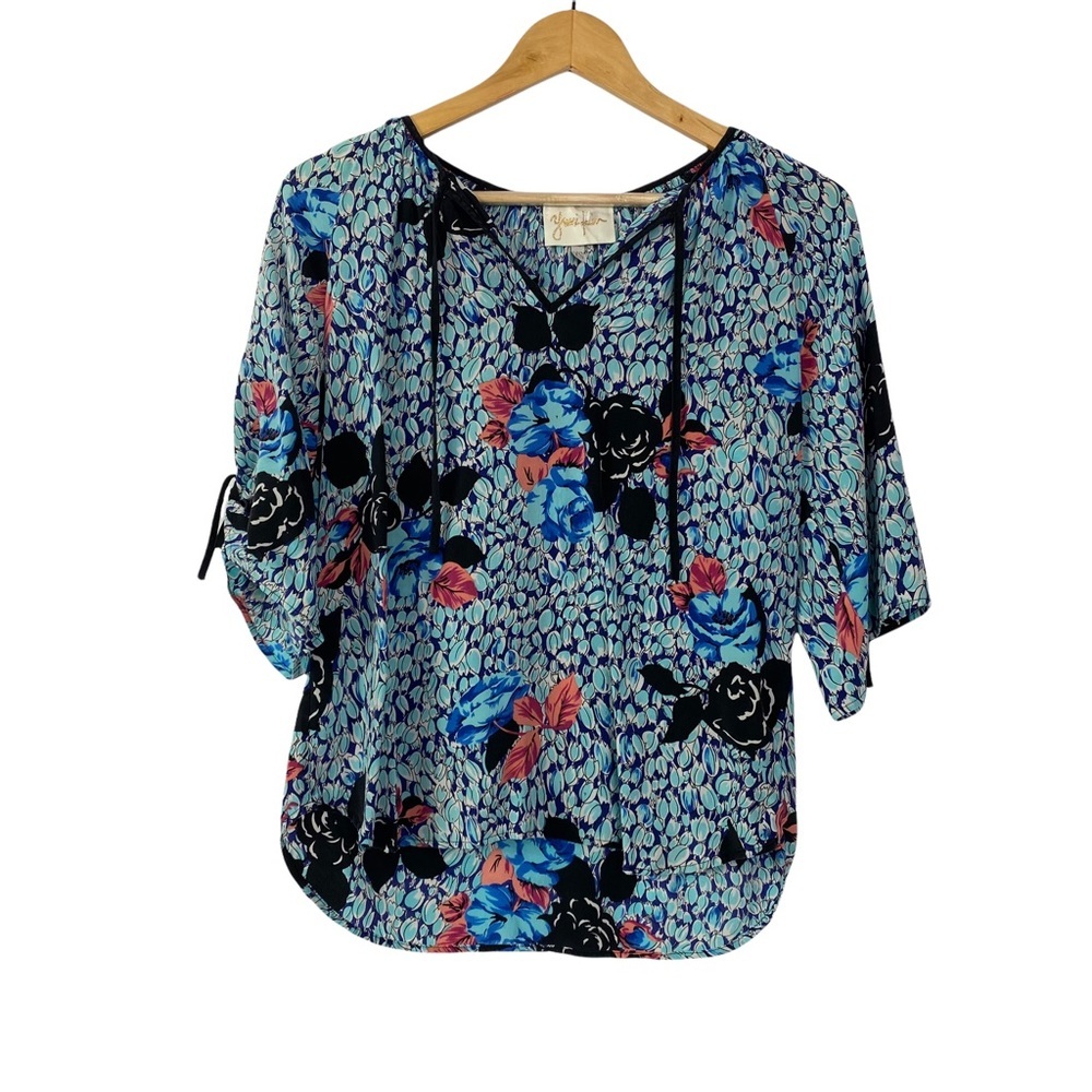 Yumi Kim Womens Blouse Top Floral 3/4 Sleeve Blue Size XS